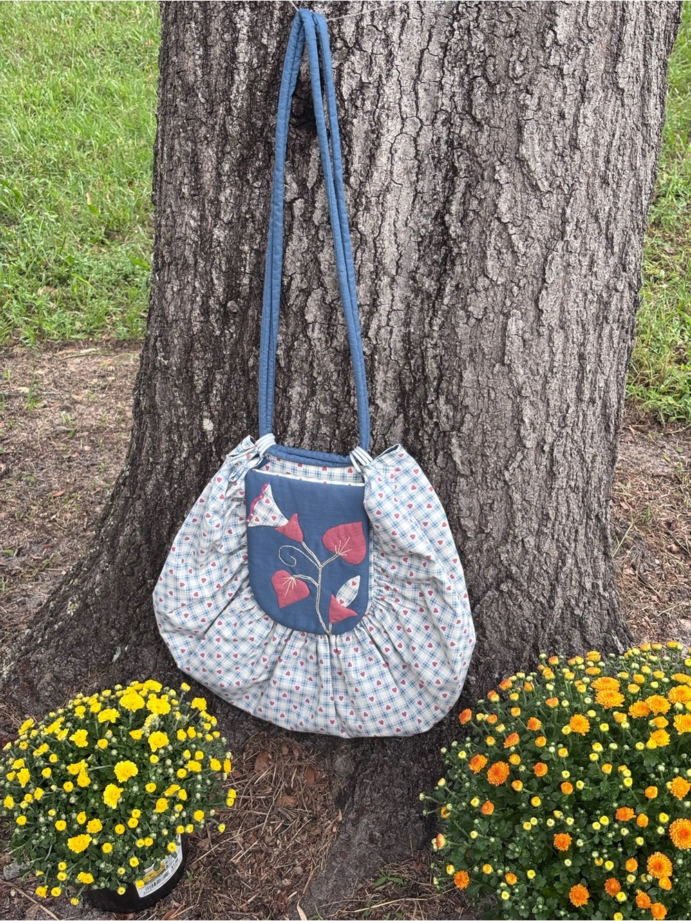 Handmade Blue Gingham Appliqué Shoulder Bag | Cottagecore Folk Art Purse